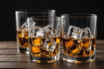 Whisky on the rocks, glass filled with ice cubes, close-up shot