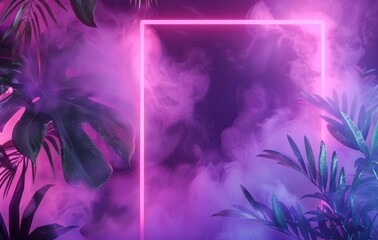 Fototapeta premium Abstract background with neon lights and bokeh. Silhouettes of tropical leaves.