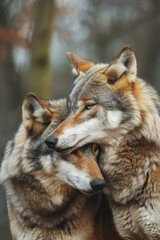 Wolves tender moment. Wildlife photography, nature documentaries, themes of love and companionship.