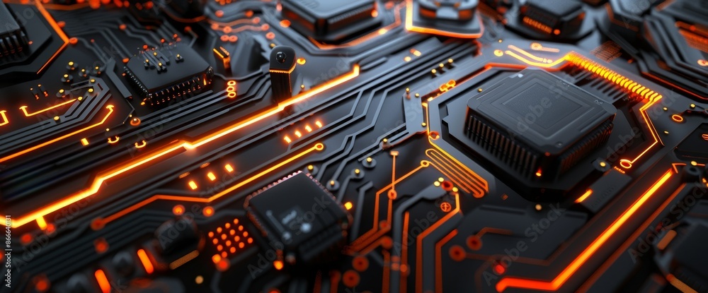 Poster 3d rendering of a printed circuit board futuristic server and a circuit board futuristic server. ora