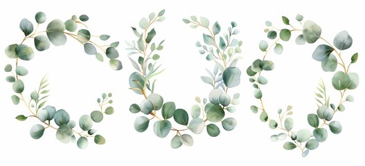 Collection of pre-designed templates with gold and green leaf branches. Wedding ornament concept. Floral poster, invitation. Decorative greeting card design for a birthday party or wedding.