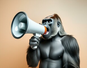 gorilla holding a megaphone while screaming. announcement concept