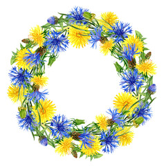 Aquarelle painted wild flowers Wreath. Yellow and Blue Flowers in Circle for Copy Space Text  for Greeting