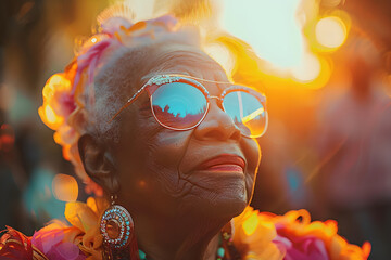 Inclusive pride month concept of a senior black african american drag queen celebrating gay lgbtq pride social party event outdoors at golden hour