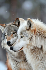 Naklejka premium Wolves tender moment. Wildlife photography, nature documentaries, themes of love and companionship.
