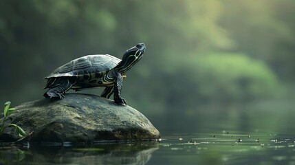 realistic animal photography of turtle standing on a rock mountain