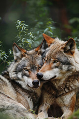 Fototapeta premium Wolves tender moment. Wildlife photography, nature documentaries, themes of love and companionship.