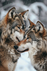 Obraz premium Wolves tender moment. Wildlife photography, nature documentaries, themes of love and companionship.