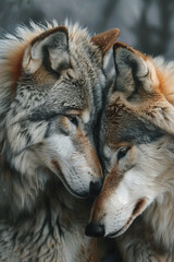 Wolves tender moment. Wildlife photography, nature documentaries, themes of love and companionship.