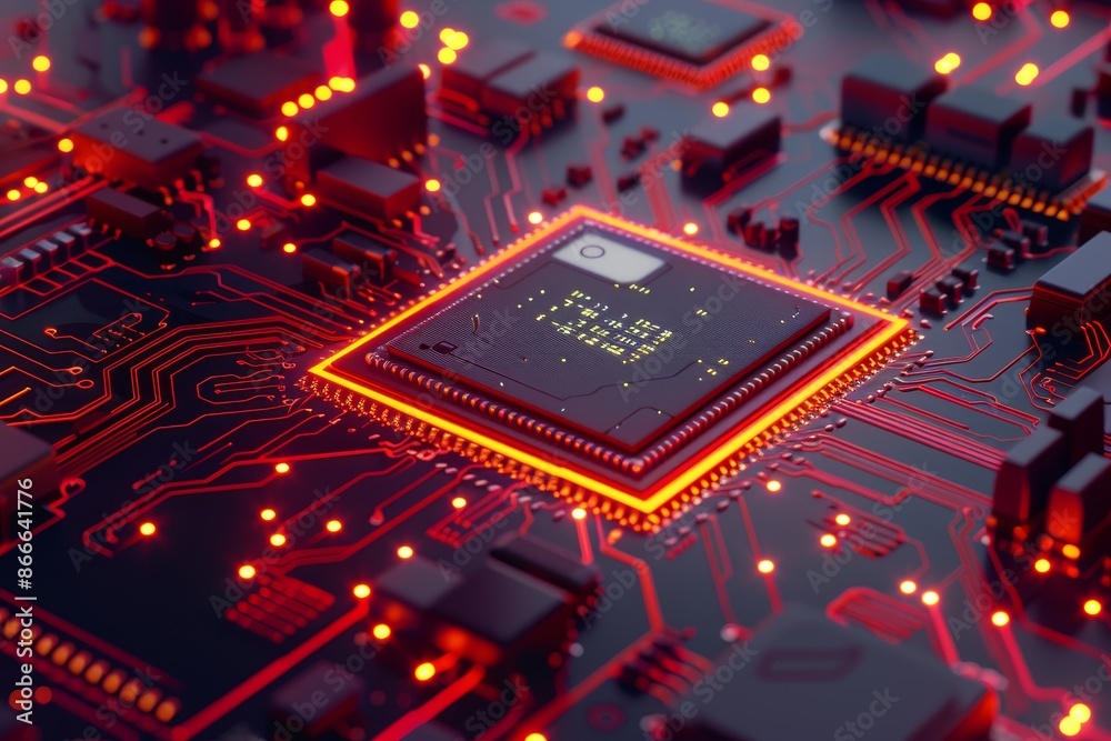Poster integrated communication processor. circuit board. technology background. central computer processor