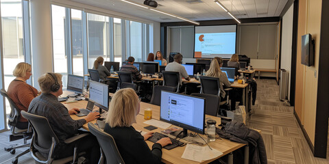 Office Training Session with Employees at Computers | Professional Development in Modern Office"