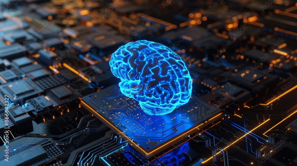 Poster 3d rendering of stock hardware concept featuring a glowing blue brain circuit on a microchip on a mo