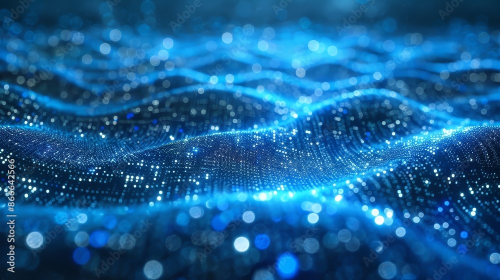 Poster digital wave background concept with motion waving dots and glowing defocused particles. technology 