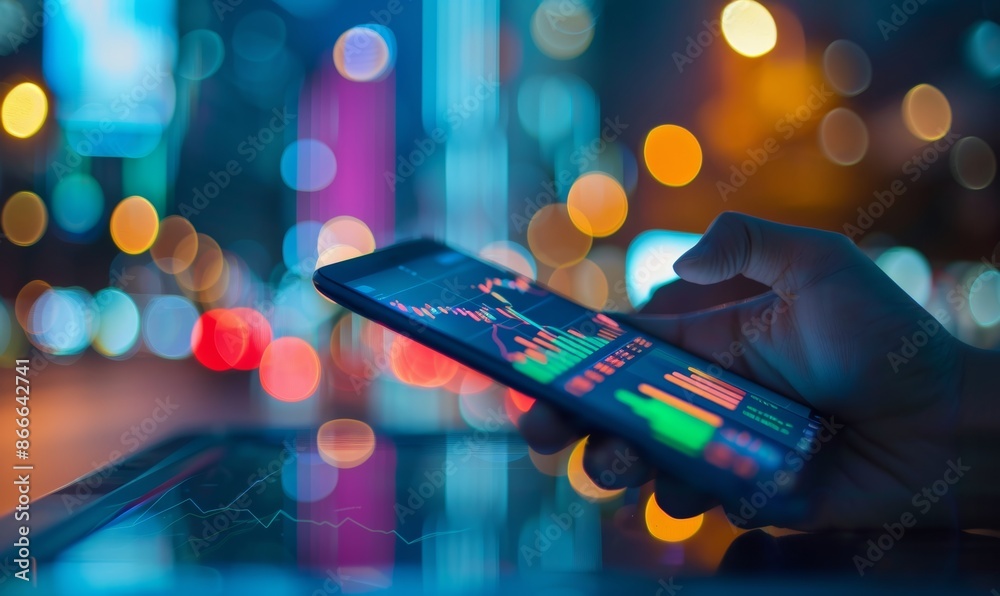 Poster conceptual image of a stock exchange market with a hand trader touching a smartphone with graphs on 