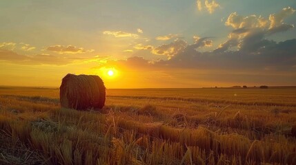 Isolated sunset haystack in agricultural field