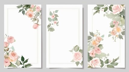 Collection of premade templates, with pink flower bouquets and leaf branches. Concept for wedding ornament. Poster and invite with floral design. Greeting card, birthday invitation design background.