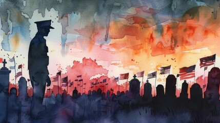 Reverent homage: A watercolor artwork captures the solemnity of Memorial Day with a cemetery adorned with American flags and a soldier's silhouette, honoring the heroes who gave their all