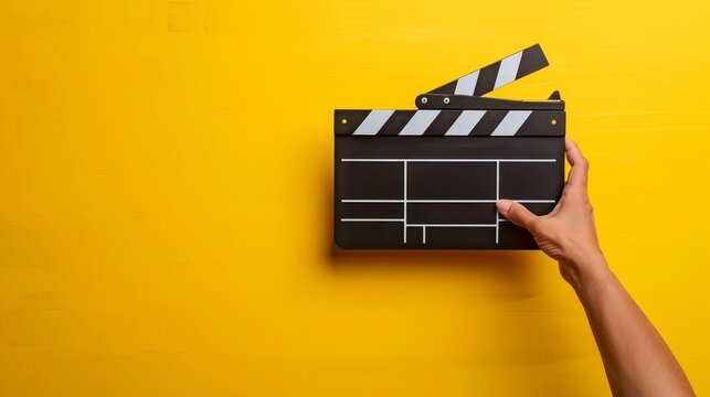 An image of a hand holding a clapper board or movie slate is shown on a yellow background. This type of board is commonly used in video productions and film industries.