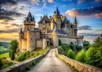 Fototapeta premium A road leading over a wide bridge leads to a majestic high castle