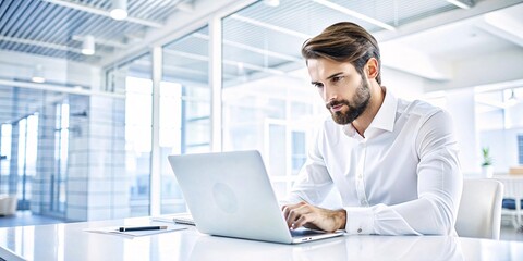 Focused Businessman Analyzing Data on Laptop at Modern Office. A professional businessman intently reviews data on his laptop in a bright, contemporary office setting, surrounded by financial charts.