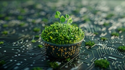 Innovative Green Technology: AI-Generated Chip Pot with Grass and Recycle Sign 4k HD wallpapers, backgrounds, generated by AI