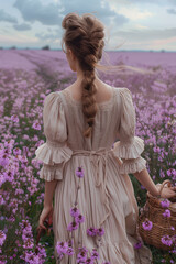 Fototapeta premium woman in lavender field Wearing a dress