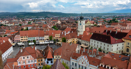 Obraz premium panoramic view from the tower of the Lutheran Cathedral of Saint Mary towards north-east across the roofs of Sibiu (Hermannstadt), Romania