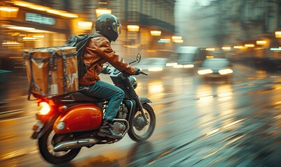 Motion blur wide frame of fast-moving delivery driver on motorbike with courier box, copyspace provided.