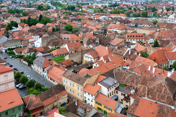 Panoramic view  from the tower of the Lutheran Cathedral of Saint Mary  towards south across the roofs of Sibiu (Hermannstadt), Romania