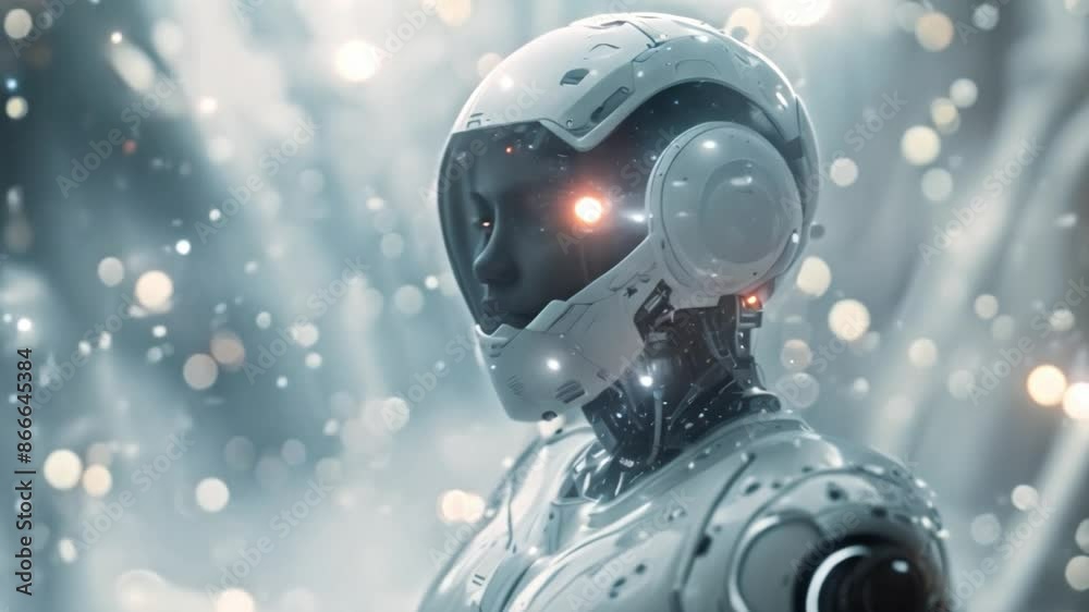 Poster A close-up image of a white robot wearing a helmet in a snowy, futuristic environment.