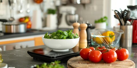a smart kitchen scale, with a bowl of ingredients and a digital readout showing precise measurements