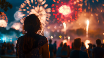 Fototapeta premium Back View of a Woman Watching Vibrant Fireworks During Independence Day Celebration at Night