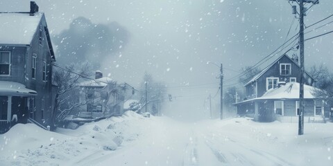 Snowy Winter Street in a Serene Neighborhood During a Snowstorm
