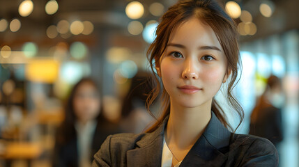 Obraz premium Portrait of mature experienced asian businesswoman boss, female worker looking at camera seriously, woman in glasses with crossed arms inside office building 