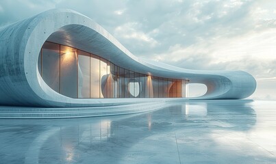 Minimalist empty abstract architecture building in white with open space floor courtyard, curved walls, and wide display showroom mockup environment background.