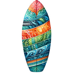 Vibrant surfboard adorned with intricate, multicolored patterns, perfect for catching waves and making a statement at the beach.