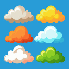 Cartoon clouds of various colors on blue background