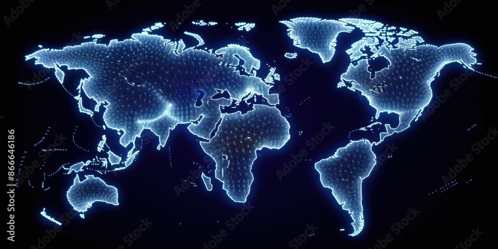 Poster glowing digital world map on a dark background with sparkling light points. global communication and