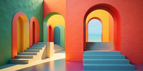A colorful and modern architectural scene featuring bold geometric archways and staircases. The vibrant hues of red, yellow, and teal create a visually striking and dynamic composition.