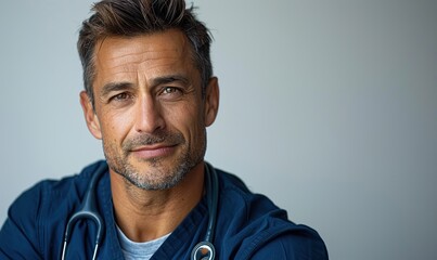 Obraz premium Professional male nurse in uniform against white backdrop.