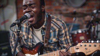 Fototapeta premium African-American man in the recording studio, captured from a high angle, singing into a microphone and playing guitar during a rehearsal. Great for stock photos of musical performances.