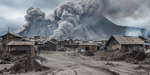 Volcanic Eruption in Residential Area with Ash and Smoke