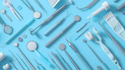 1. Create an image featuring a variety of dental tools arranged neatly on a smooth blue background, showcasing items such as mirrors, probes, scalers, and forceps, highlighting precision and hygiene