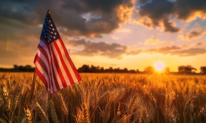 American flag flies over wheat field on Fourth of July.