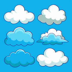 A collection of cute cartoon clouds against a blue sky background