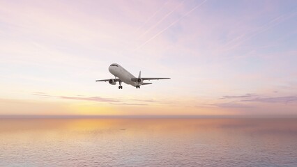 Airplane in the sky at sunset. Air transportation. Travel. Airplane Takes Off Against the Background of Blue Sky.	
