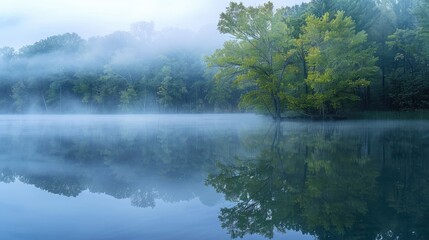 Serene misty morning: tranquil lake enveloped in fog, trees mirrored on its surface, capturing the beauty of nature's reflection