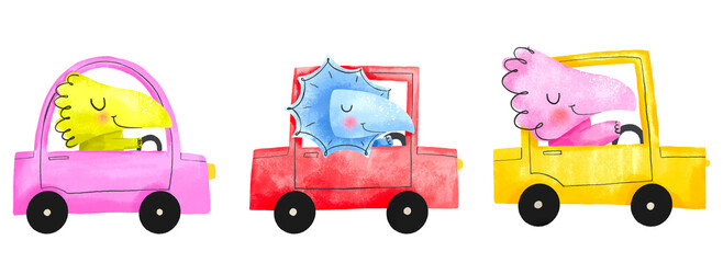 Set of cartoon watercolor dinosaurs on cars. Dino driver on road transport. Adventure and travelling. Childish hand drawn illustration on isolated background. Nursery, stickers, decor