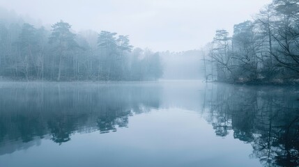 Fototapeta premium Serene misty morning: tranquil lake enveloped in fog, trees mirrored on its surface, capturing the beauty of nature's reflection