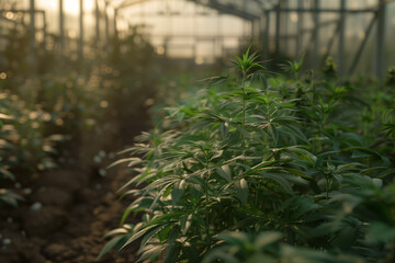 Naklejka premium commercial processing of medical cannabis marijuana leafs in growing plant greenhouse